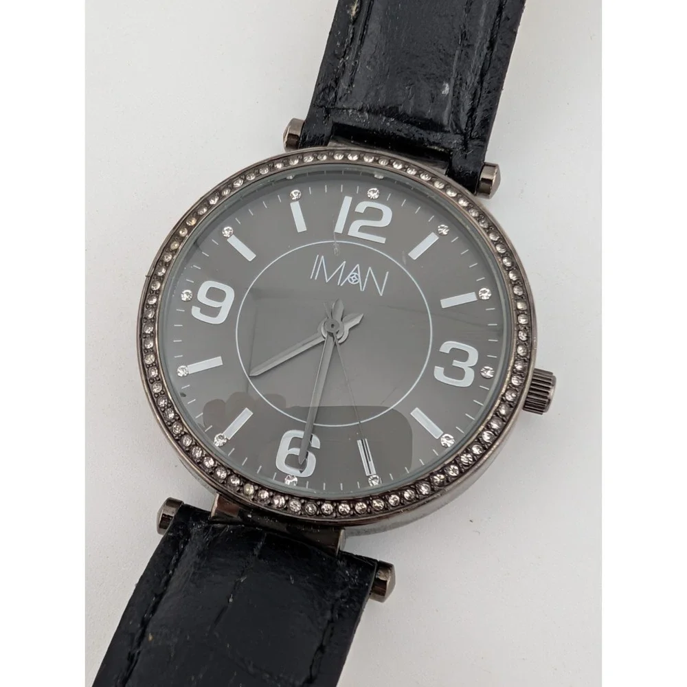 IMAN‎ Women's Watch 36mm Case Crystal Bezel Black Leather Band- New Battery
